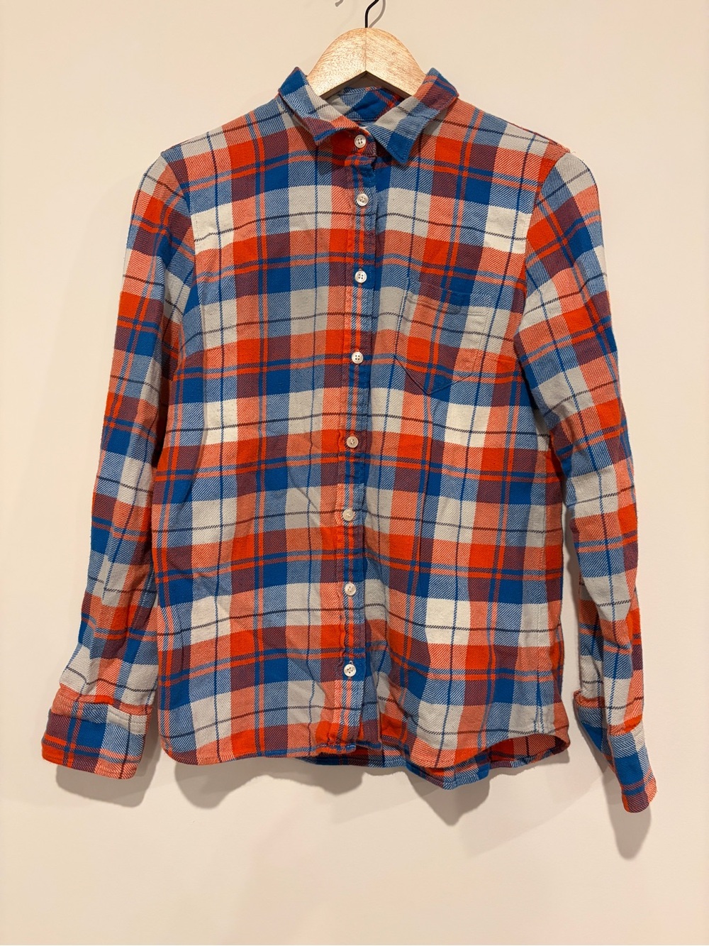 J.Crew Size S Orange Blue Plaid Flannel Long Sleeve Button Down Shirt Cotton